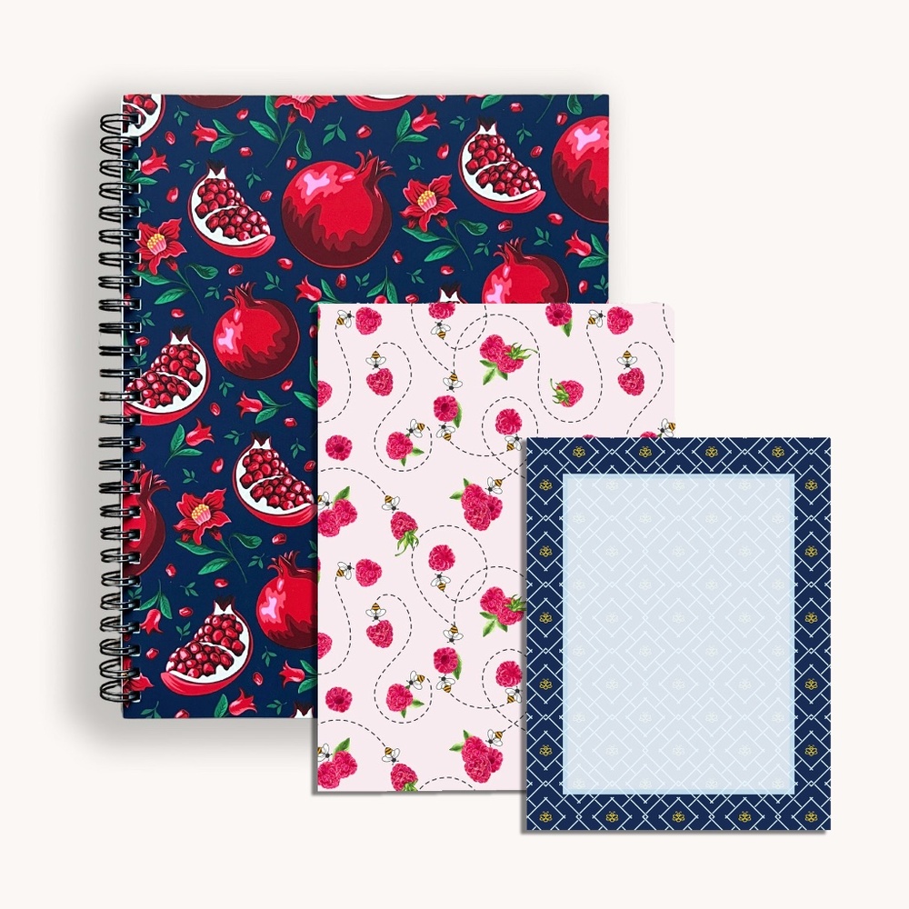 Notebook Notepad Set - Pink Floral Blue Bee Spiral Pomegranate | Simpliday Paper